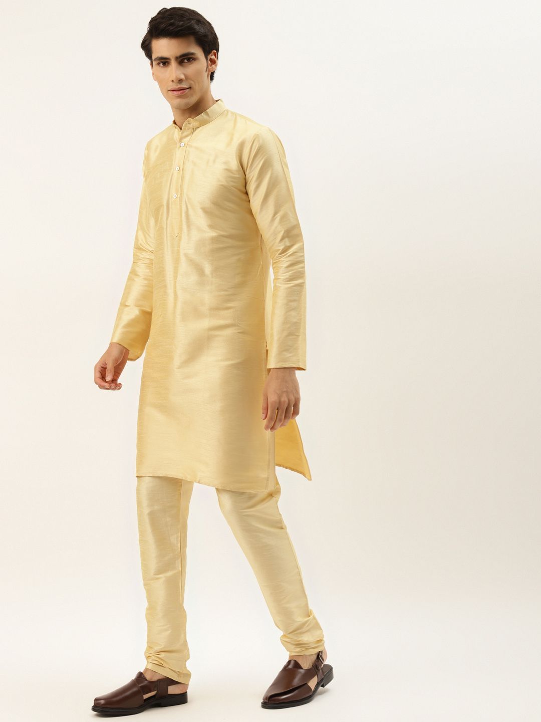 SOJANYA Men Golden Kurta with Churidar & Nehru Jacket