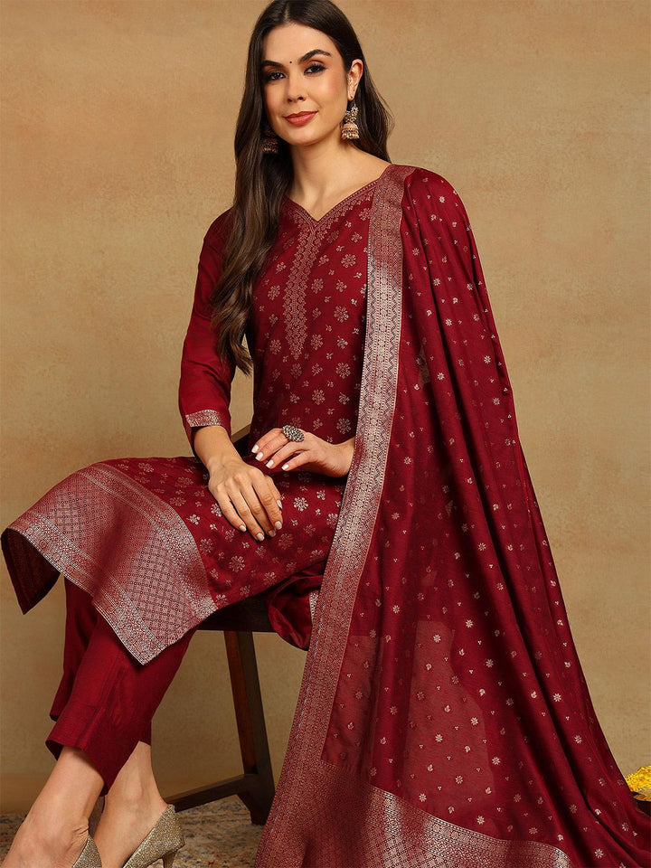 KALINI Floral Woven Design Zari Straight Kurta With Trousers & Dupatta