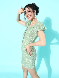 Berrylush Women Green & White Abstract Tie-Up Neck Bodycon Mini Dress