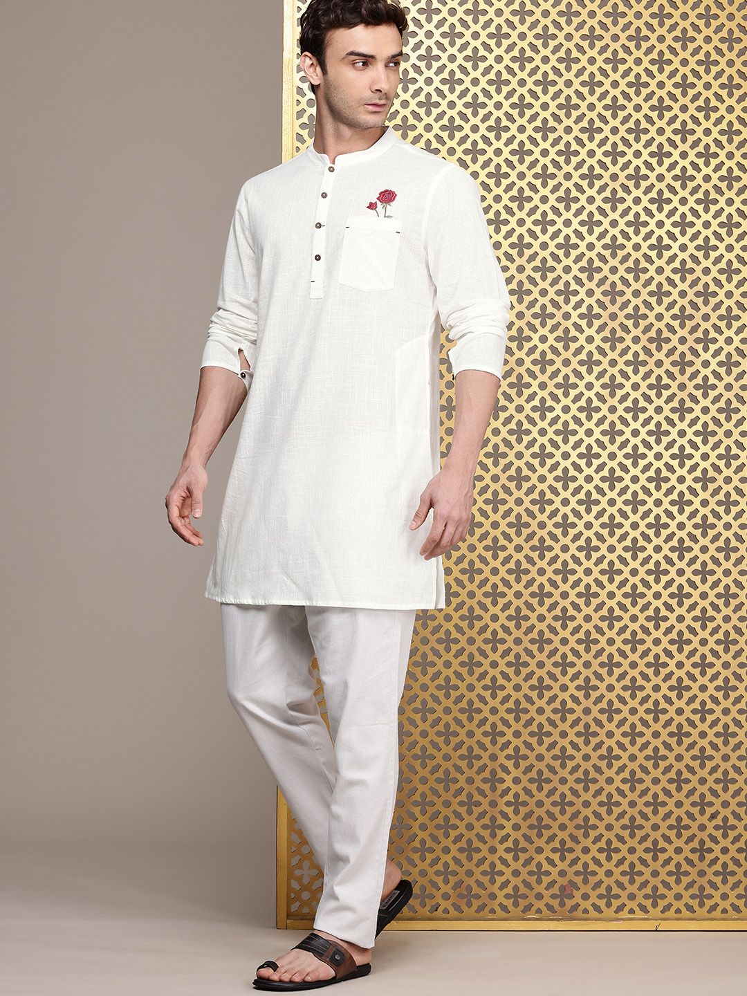 House of Pataudi Mandarin Collar Thread Work Detail Pure Cotton Rozana Kurta