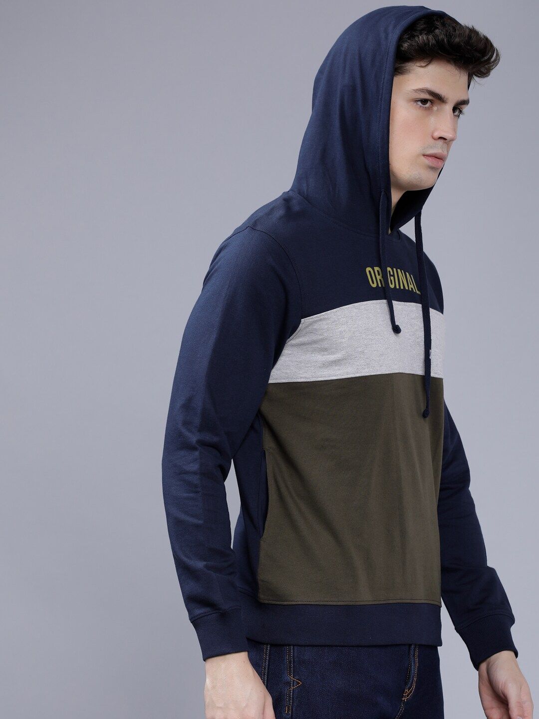 The Indian Garage Co Men Olive Green & White Colourblocked Hooded Sweatshirt