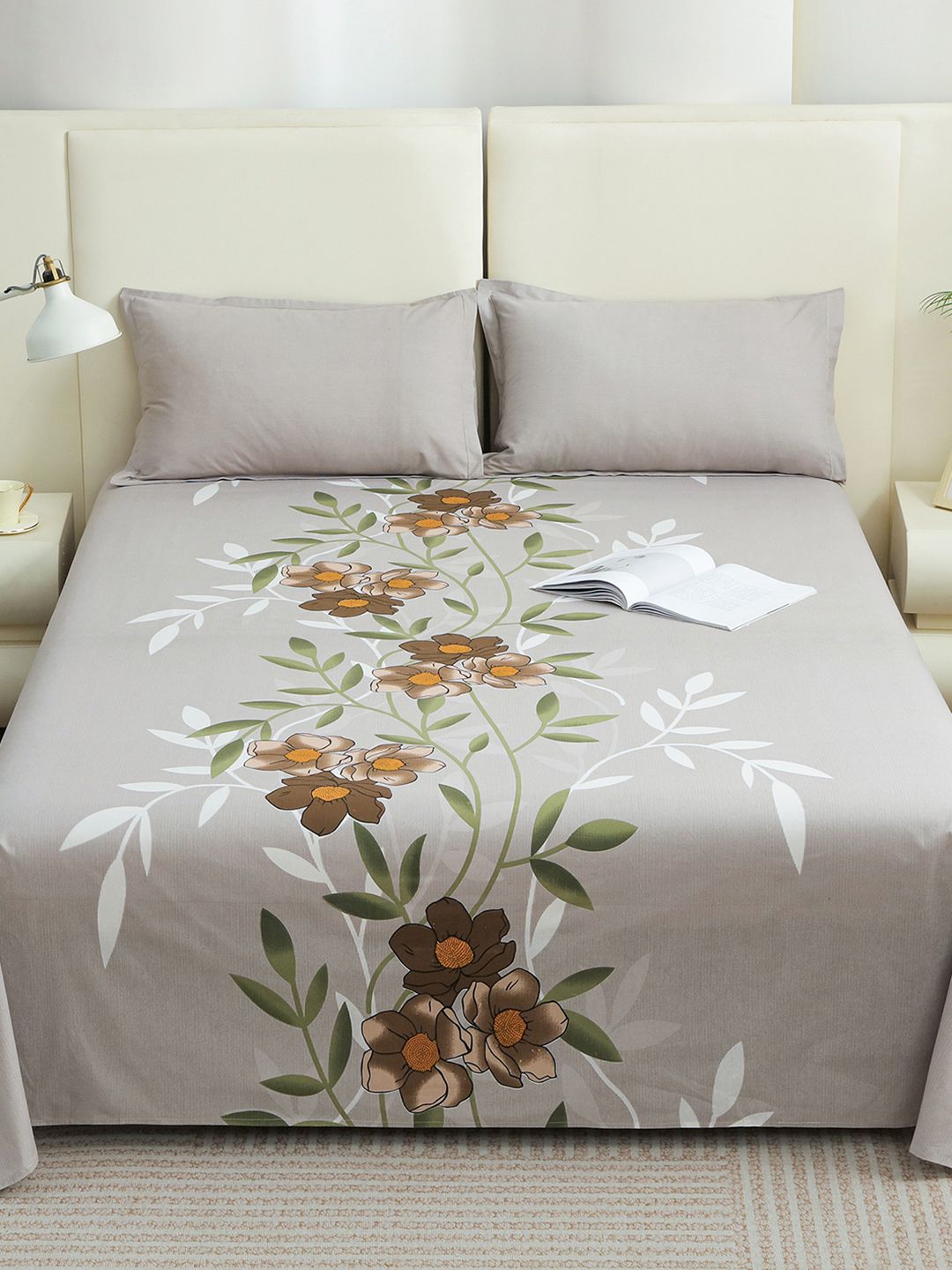 Story@home Taupe Brown Floral 210 TC 1 Double Bedsheet with 2 Pillow Covers
