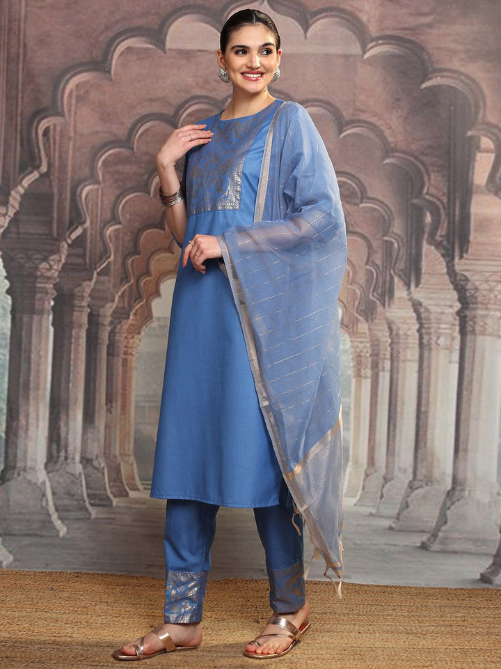 Vishudh Blue Ethnic Motifs Yoke Design Straight Kurta With Trousers & Dupatta