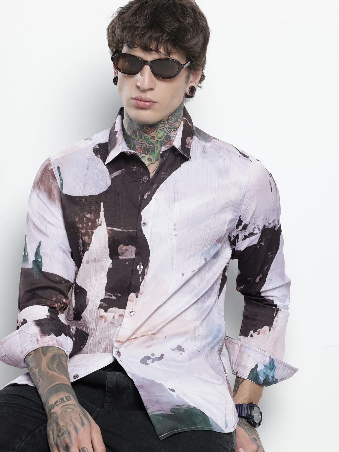 The Indian Garage Co Slim Fit Graphic Printed Crushed Casual Shirt