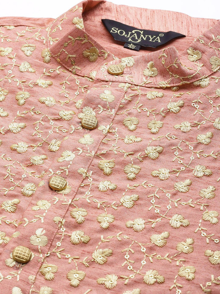 SOJANYA Lelaki Coral & Gold-Toned Floral Kurta