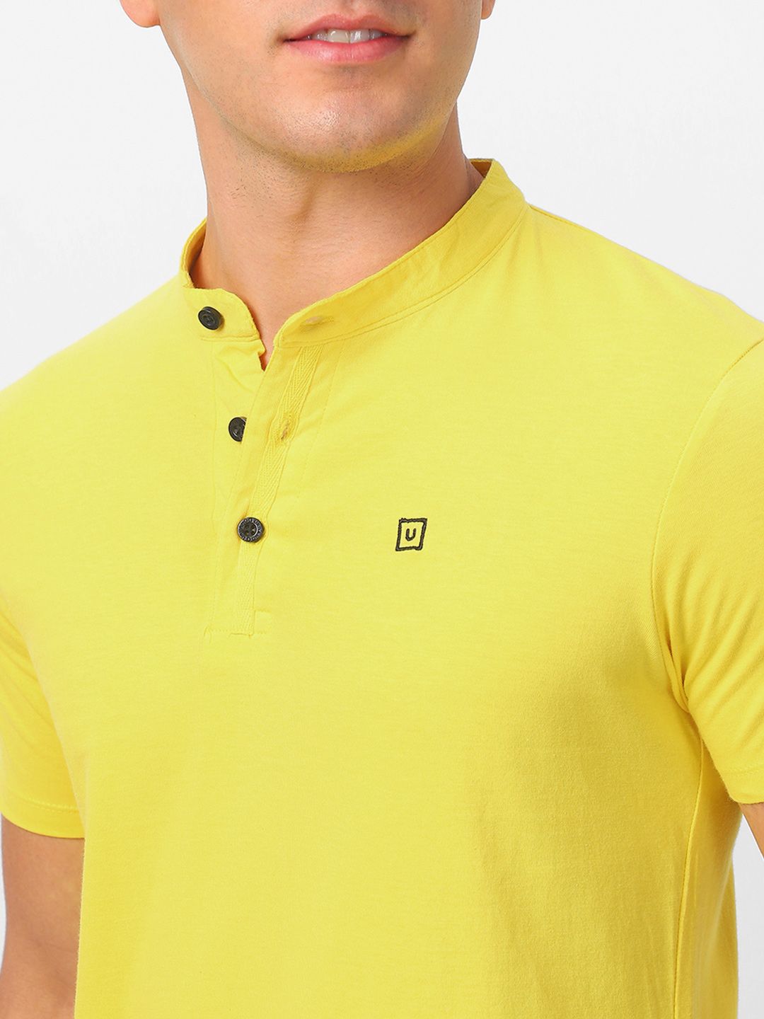 Urbano Fashion Men Yellow Solid Mandarin Collar Pure Cotton T-shirt