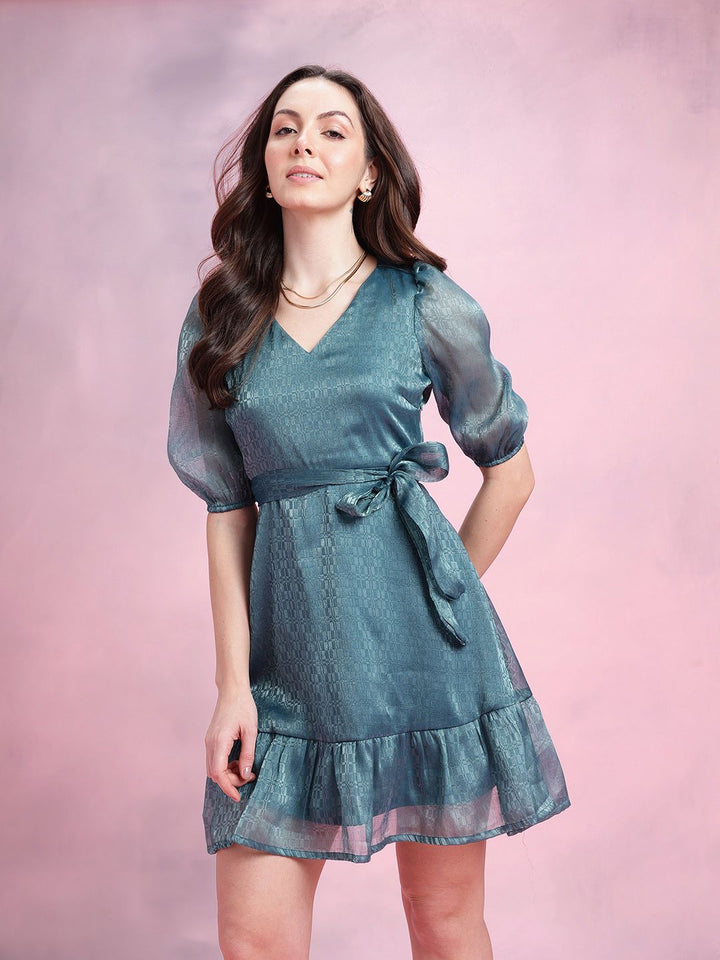 DressBerry Geometric Self-Design Puff Sleeves Party Fit & Flare Dress with Belt