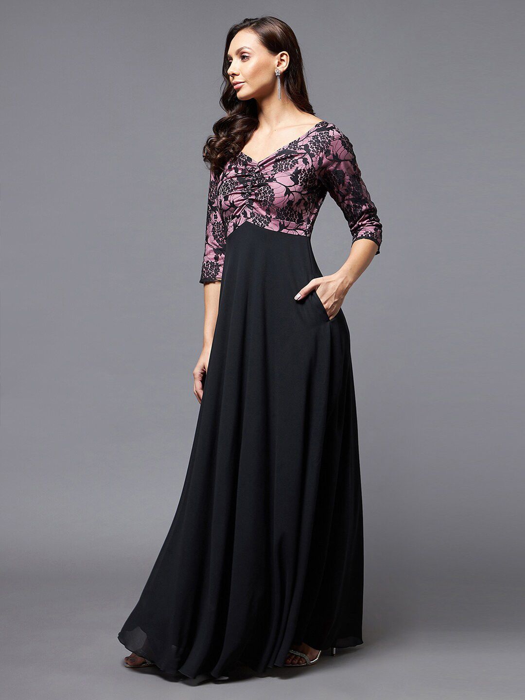 Miss Chase Black & Lavender Floral Maxi Dress