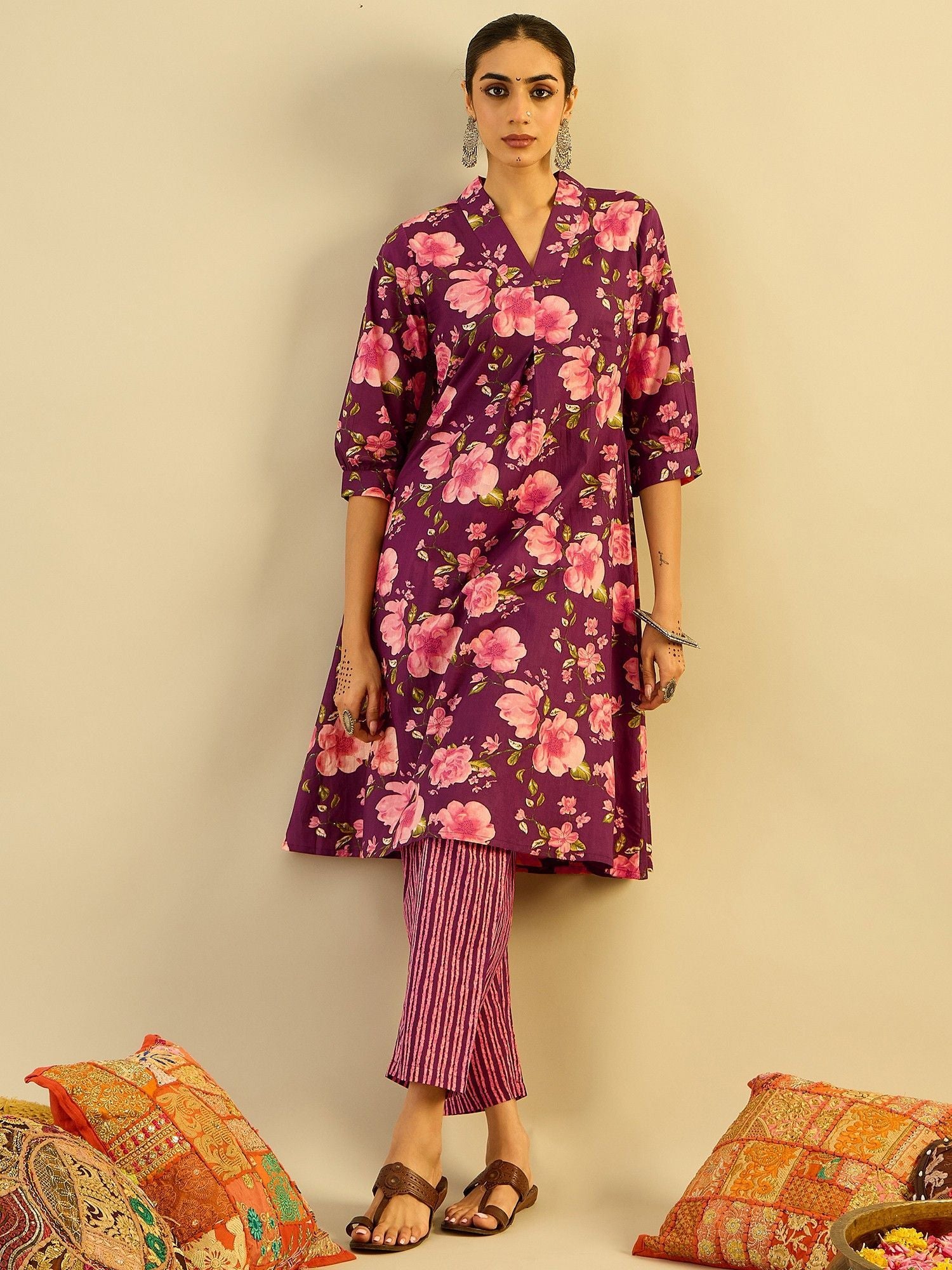 Indo Era Floral Printed V-Neck Pure Cotton A-Line Kurta with Trouser