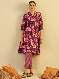 Indo Era Floral Printed V-Neck Pure Cotton A-Line Kurta with Trouser