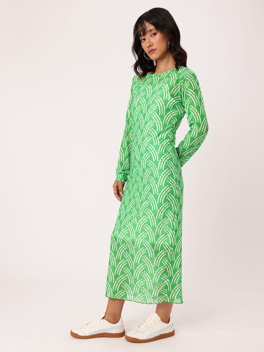DressBerry Sleek Charm Printed Soft Mesh Sheath Midi Dress With A Inner Slip