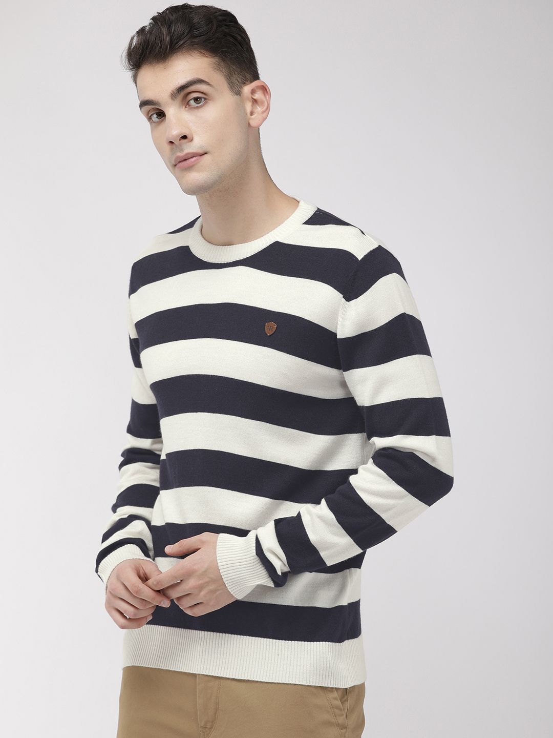 Raymond Men Navy Blue & White Striped Pullover Sweater