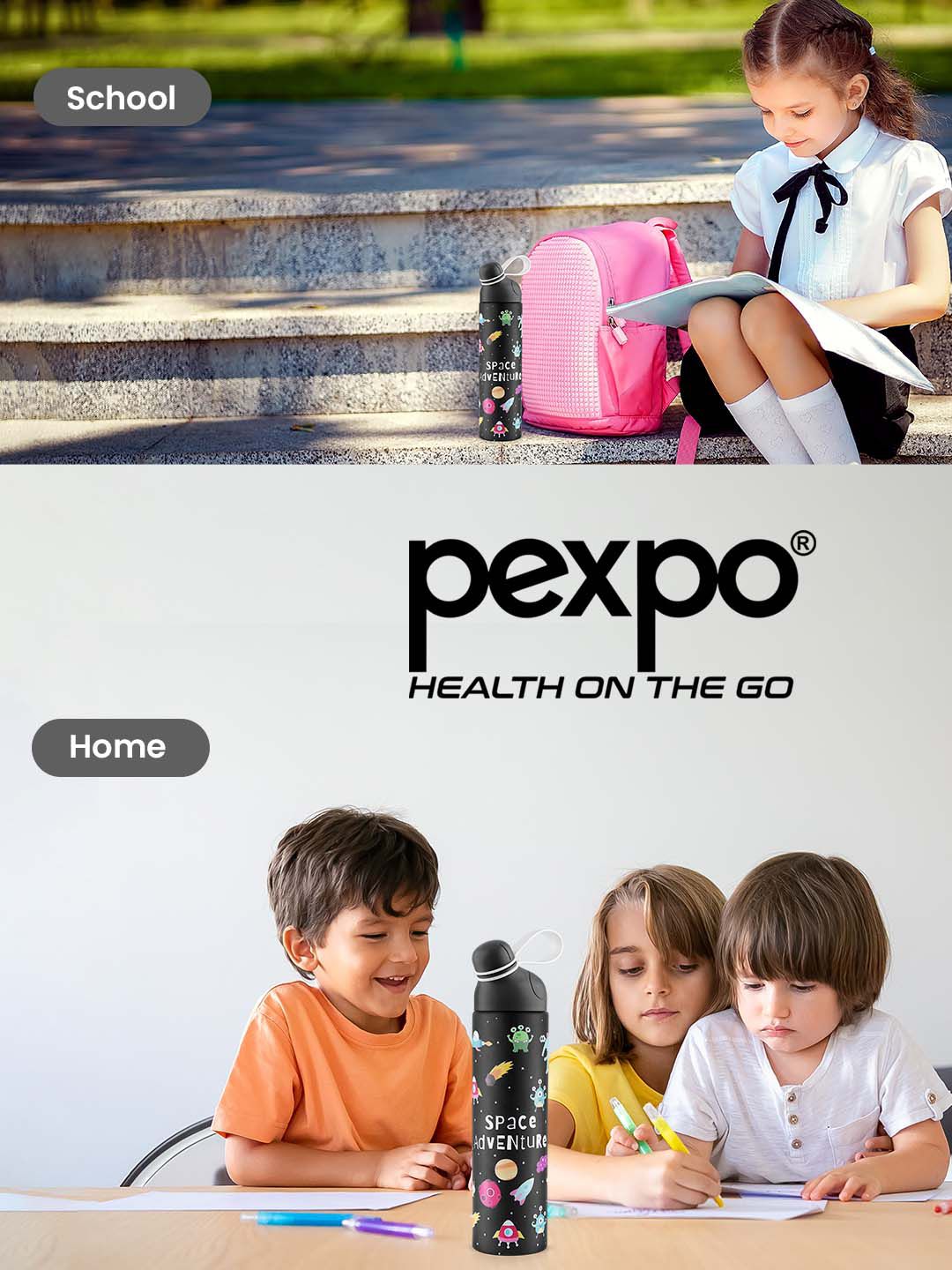 Pexpo Black Printed Stainless Steel Double Wall Vacuum Water Bottle 470ml