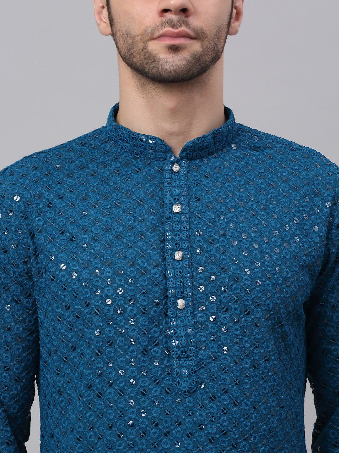 Jompers Men Teal Floral Embroidered Sequined Kurta