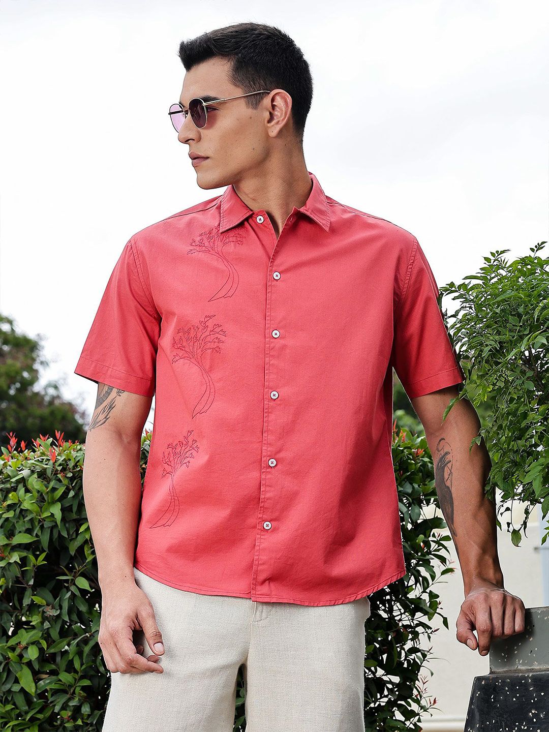 Thomas Scott Men Premium Floral Embroidered Casual Shirt
