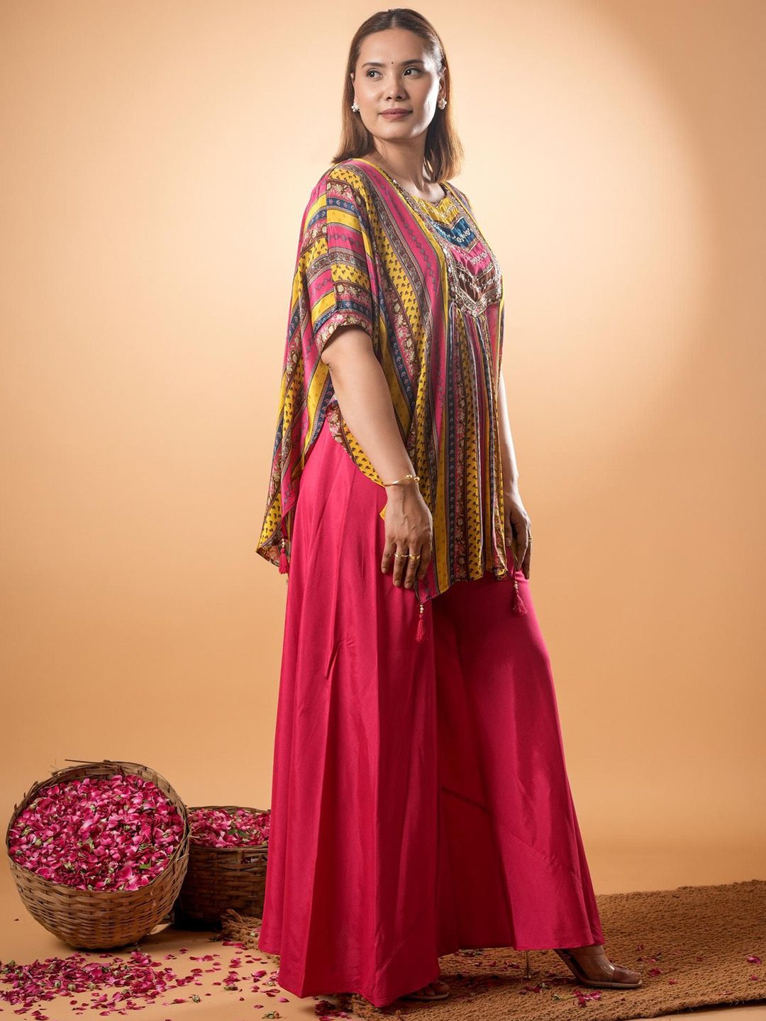 Tunik V-Neck Kapas Tulen Bercetak Mamicha Dengan Palazzo Co-Ords