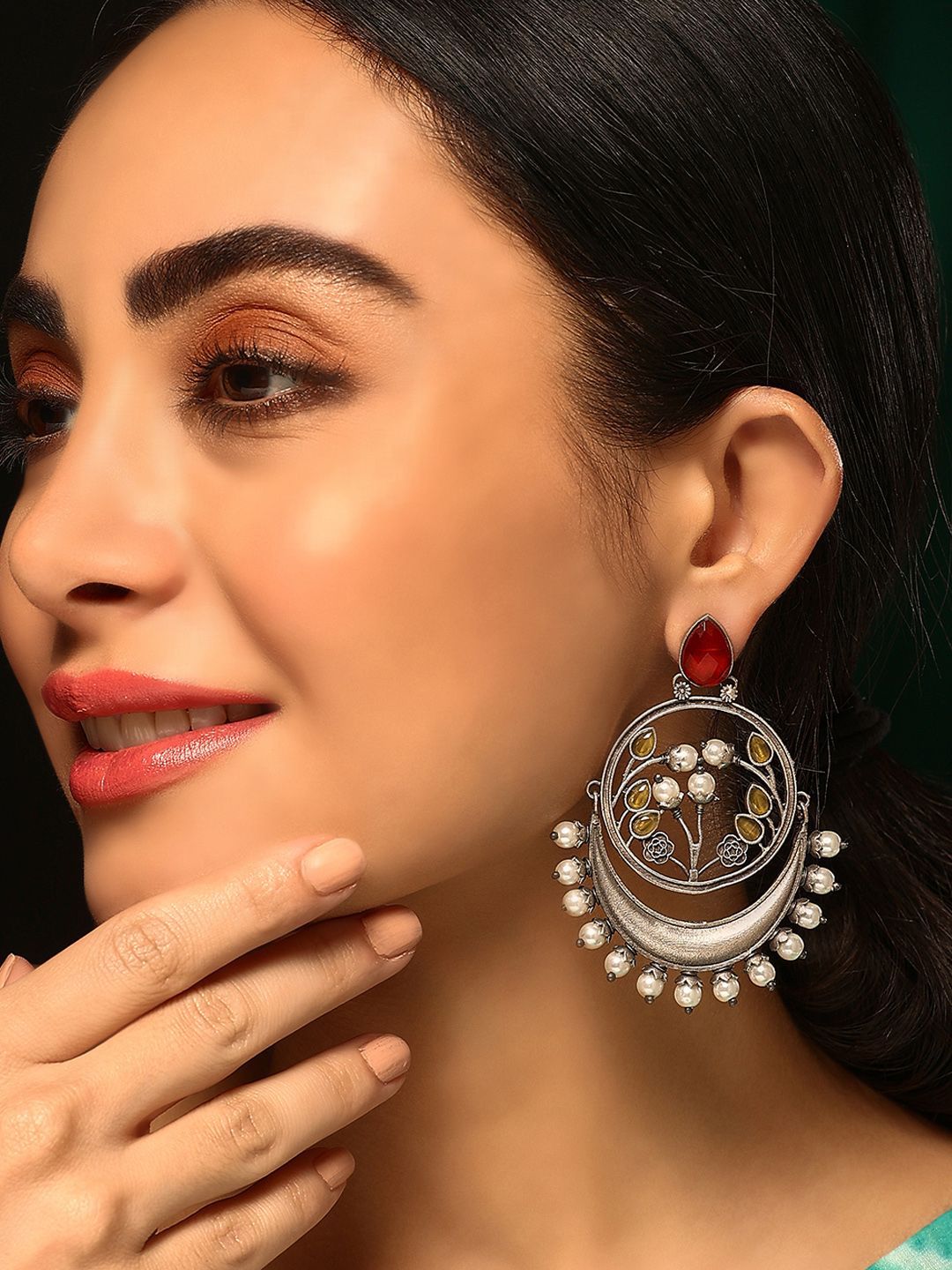 Priyaasi Silver-Plated Ruby Studded & Beaded Contemporary Oxidised Chandbalis Earrings