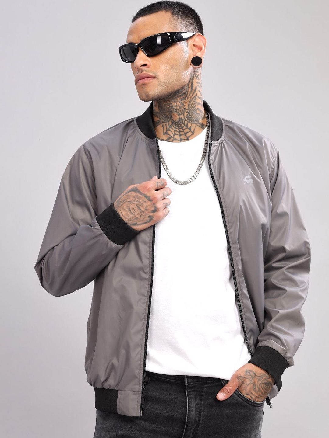 ADRO Men Stand Collar Solid Casual Bomber Jacket