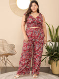 Berrylush Curve Maroon Plus Size Floral Printed V-Neck Top & Trousers