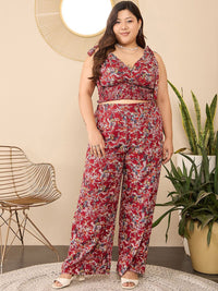 Berrylush Curve Maroon Plus Size Floral Printed V-Neck Top & Trousers