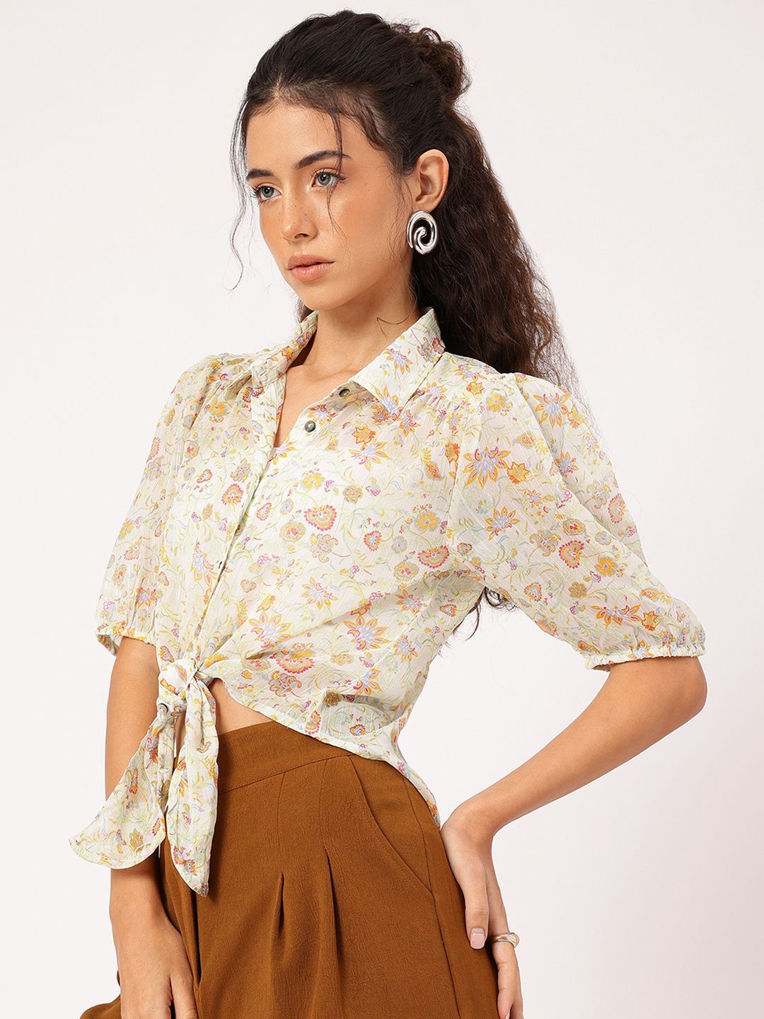 DressBerry Floral Fusion Semi Sheer Tie-Up Shirt