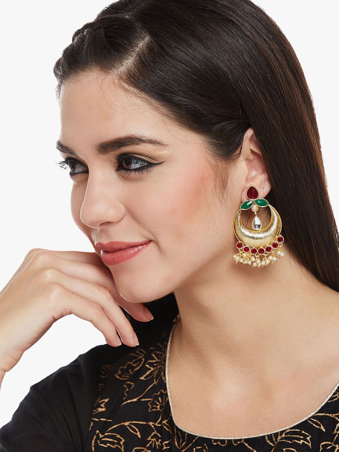 Anouk Gold Plated Cubic Zirconia Studded Crescent Shaped Chandbalis