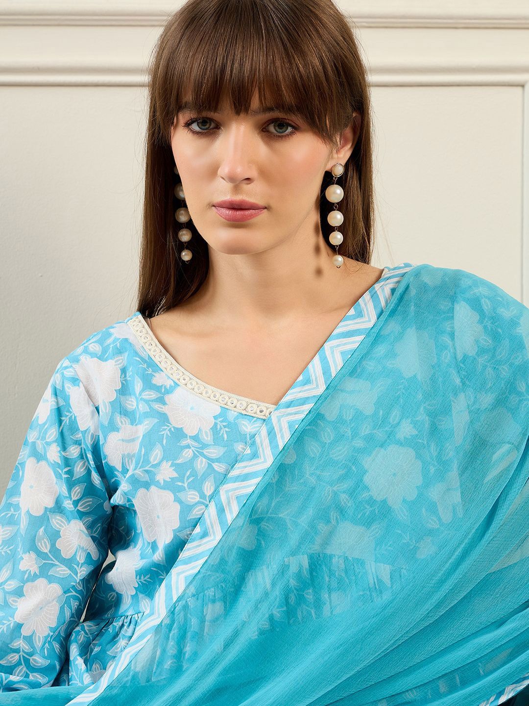 Indo Era Floral Printed A-Line Mirror Work Pure Cotton Kurta with Trousers & Dupatta