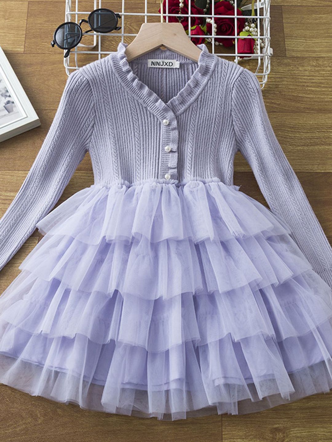 YK Girls Striped Ruffled Fit & Flare Dress