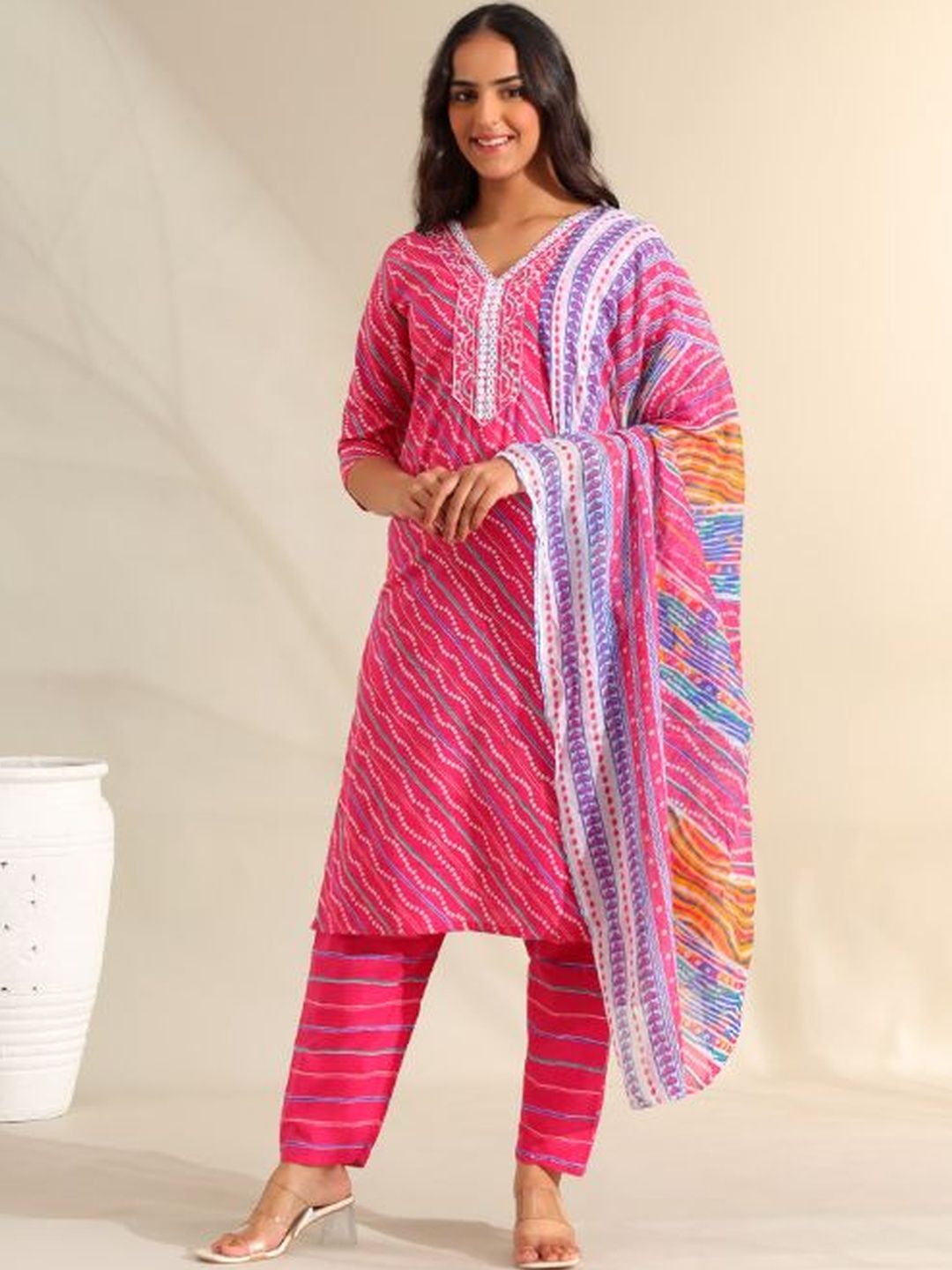 Mamicha Women Ethnic Motifs Printed Regular Mirror Work Pure Cotton Kurta with Trousers & With Dupatta