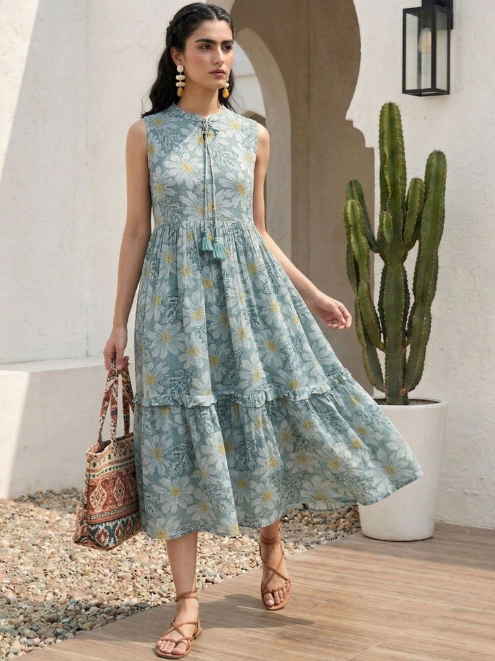 Pakaian Midi A-Line Cetakan Bunga Mamicha Ikat Leher Crepe