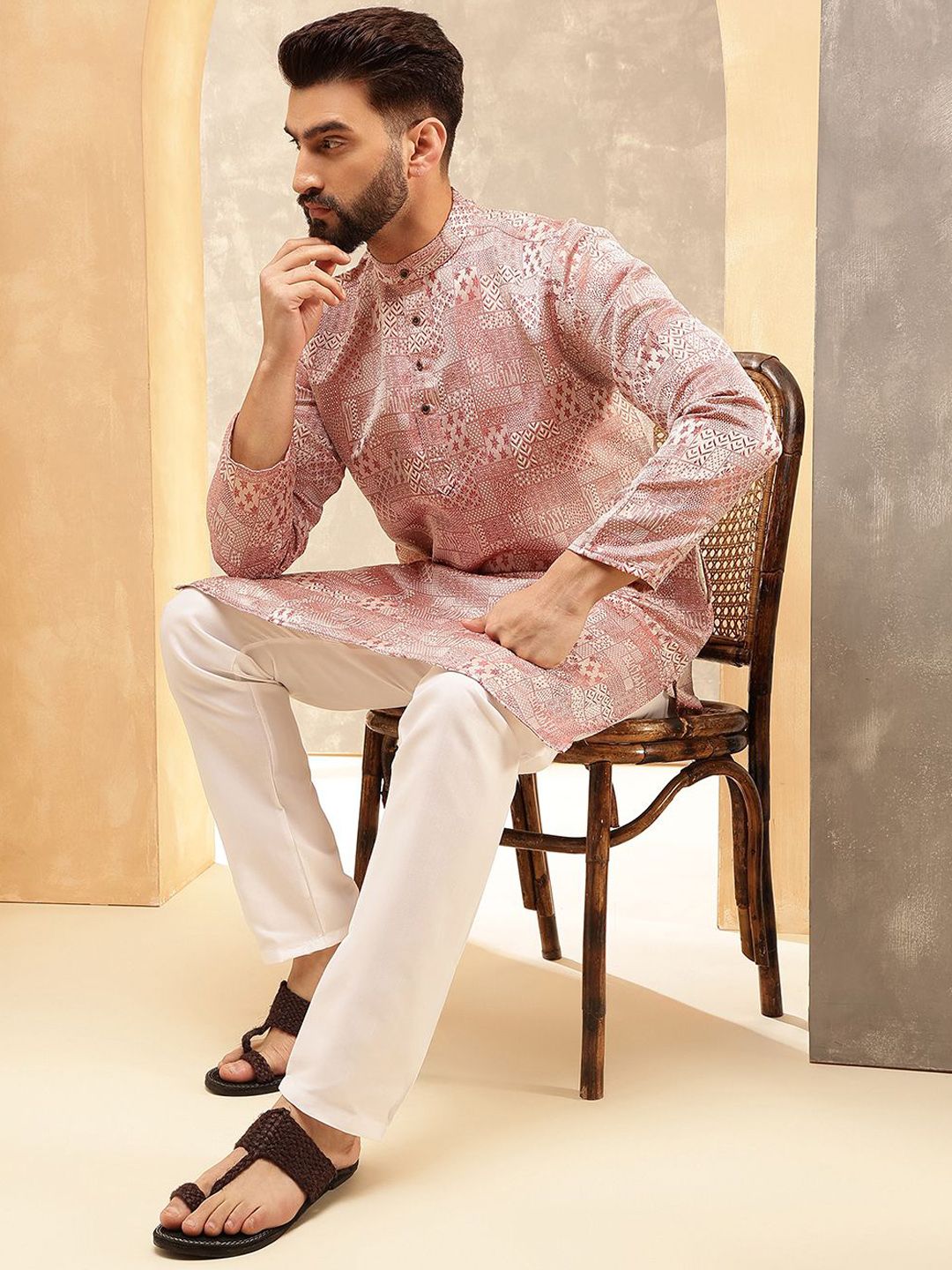 SOJANYA Ethnic Motifs Printed Band Collar Jacquard Silk Straight Kurta