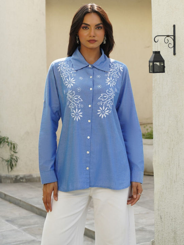 House of Chikankari Chikankari Solid Women's Shirt-light Blue Shirts