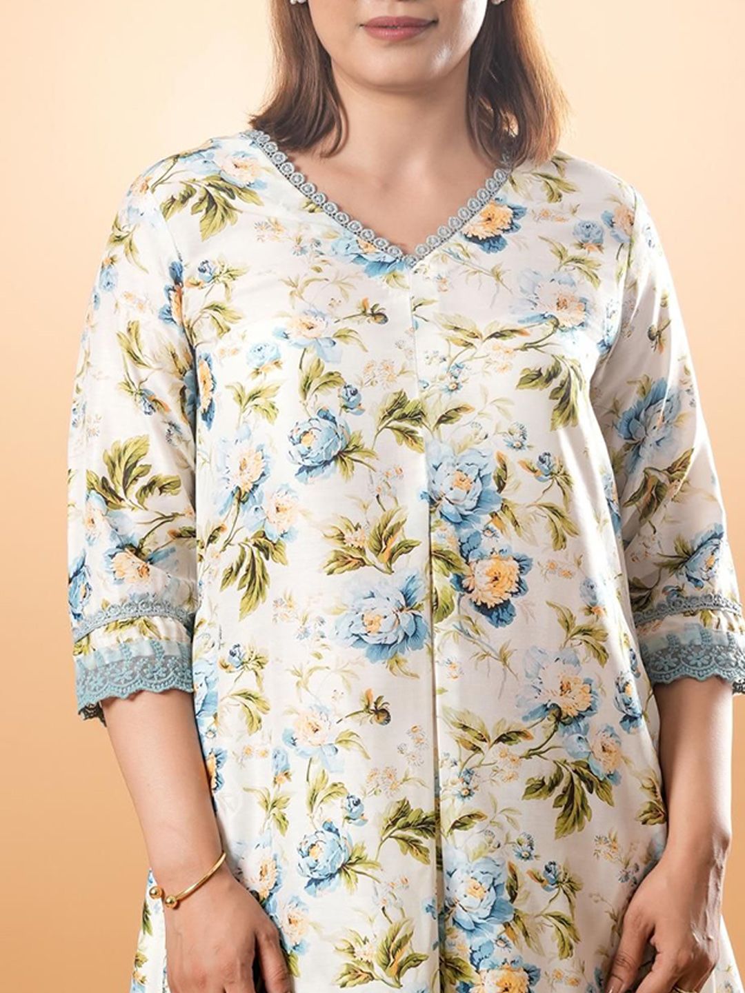 Tunik V-Neck Kapas Tulen Bercetak Mamicha Dengan Palazzo Co-Ords