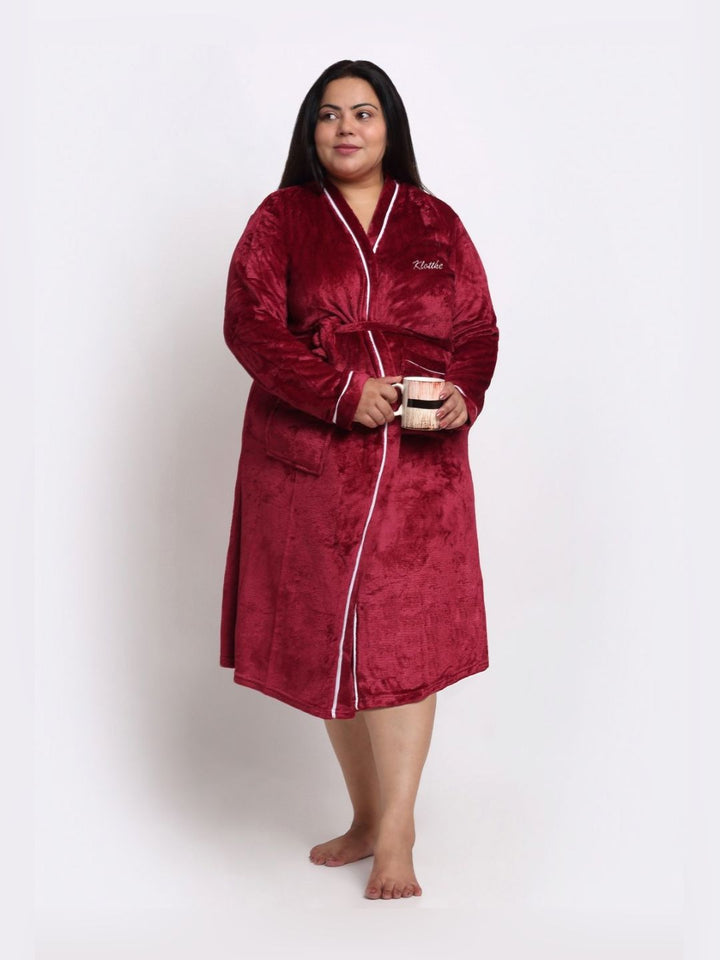KLOTTHE Plus Size Red Woollen Bath Robe With Belt