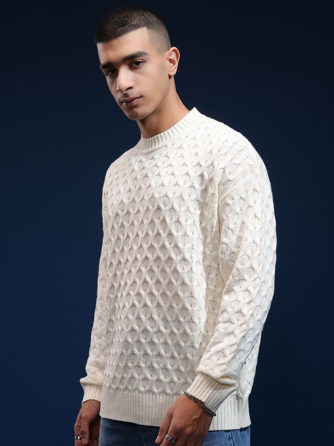 HIGHLANDER Men Self Design Round Neck Drop Shoulder Oversized Sweater