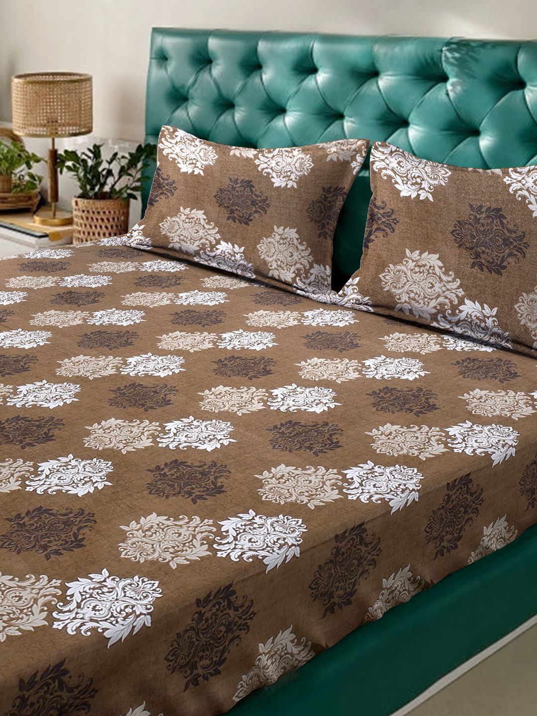 Myntra Elegant Homes Coklat Bunga Kapas Tulen 400 TC Set Cadar King Double-2.5mX2.25m