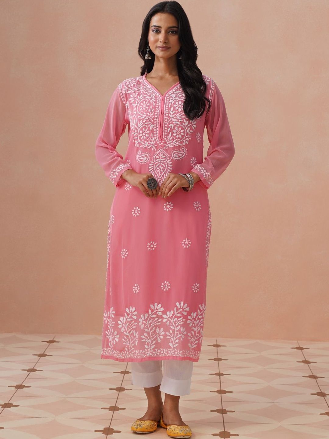 House of Chikankari Women Embroidered Thread Work Georgette Kurta