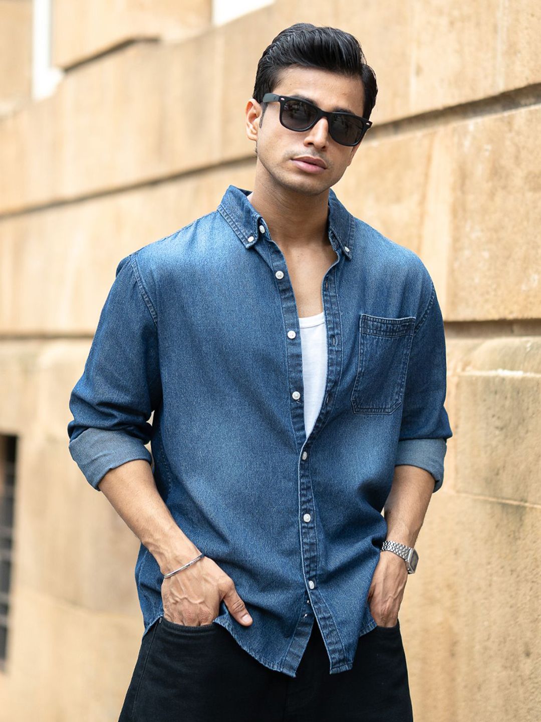 Powerlook Spread Collar Long Sleeves Denim Shirt