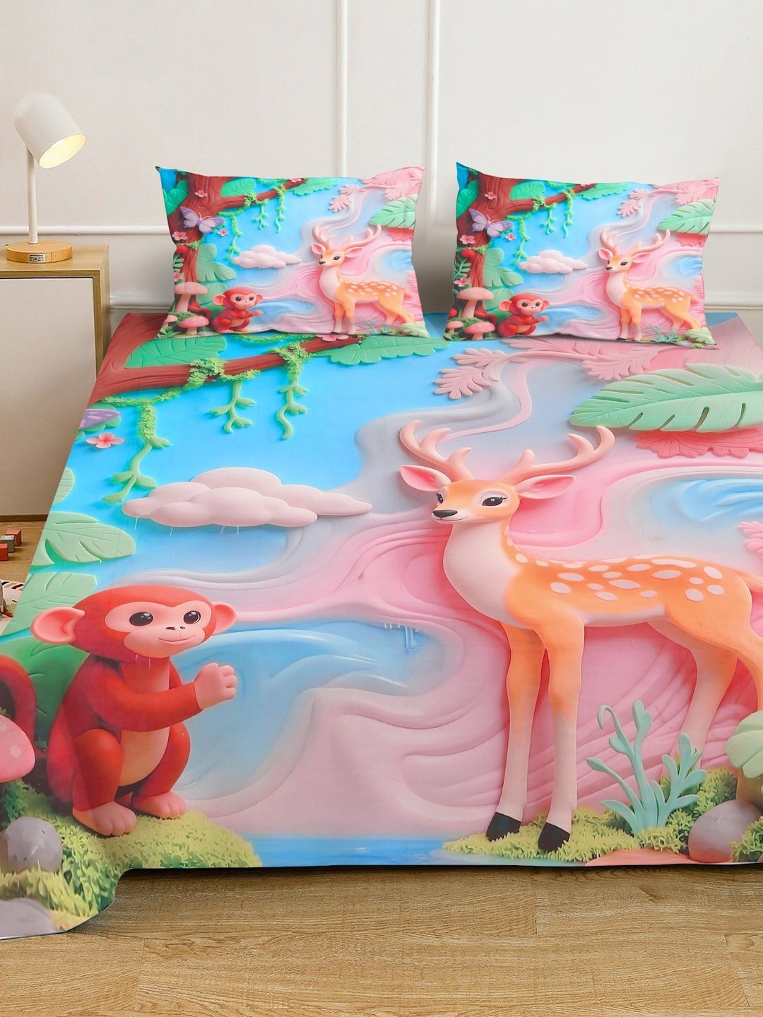 KLOTTHE Biru & Merah Jambu Bercetak 400 TC Cadar Katil Double Dengan 2 Sarung Bantal-98.4 x 88.5 Inci