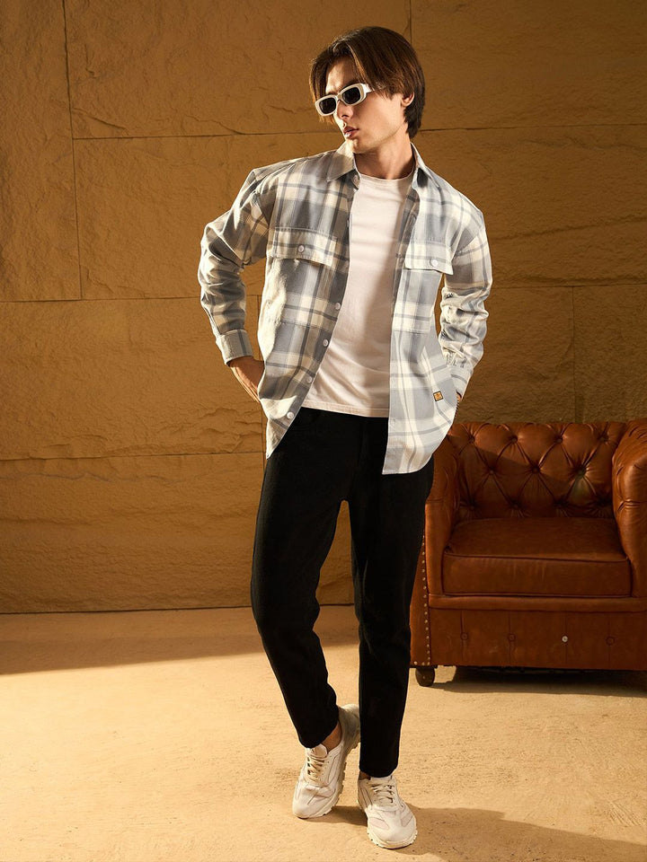 DENNISON Men Double Pocket Drop Shoulder Oversized Cotton Checked Shacket
