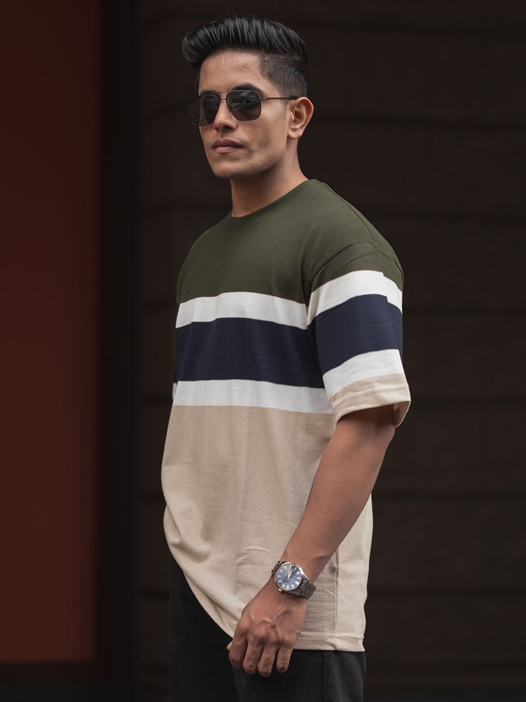 Powerlook Men Colourblocked Round Neck Oversized T-shirt