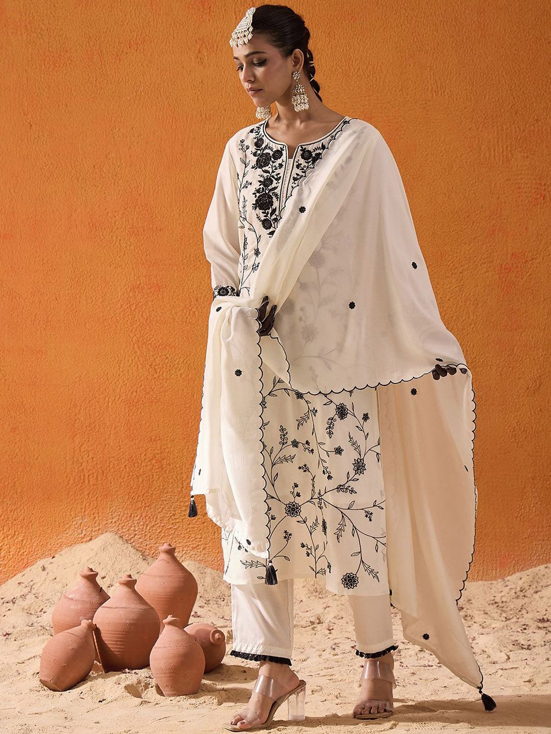 Indo Era Floral Embroidered Thread Work Straight Kurta With Trousers & Dupatta