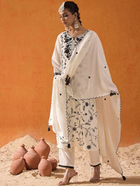 Indo Era Floral Embroidered Thread Work Straight Kurta With Trousers & Dupatta