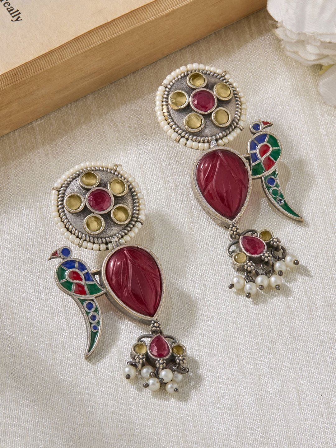 Priyaasi Silver-Plated Faux Ruby Studded Oxidised Contemporary Drop Earrings