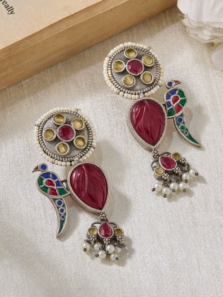 Priyaasi Silver-Plated Faux Ruby Studded Oxidised Contemporary Drop Earrings