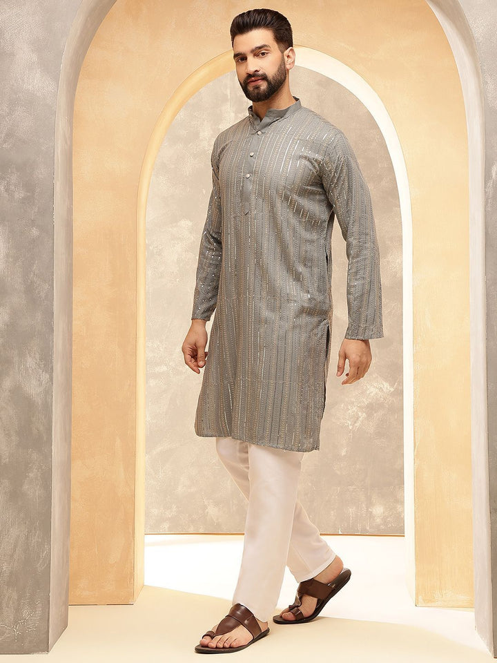 Anouk Grey Striped Embroidered Sequinned Mandarin Collar Pure Cotton Kurta With Pyjama