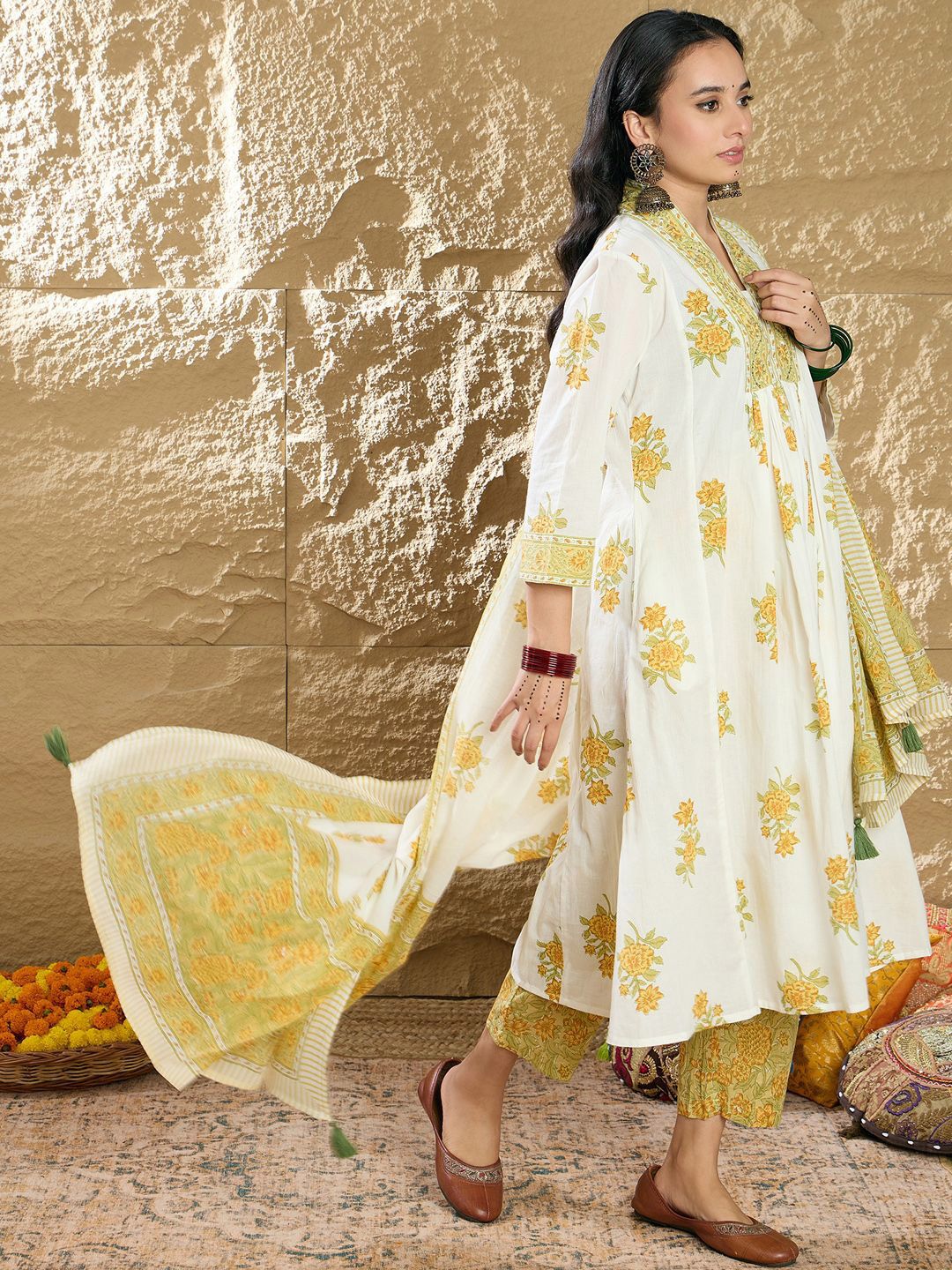Indo Era Women Floral Printed Pleated Pure Cotton Kurta with Trousers & Dupatta