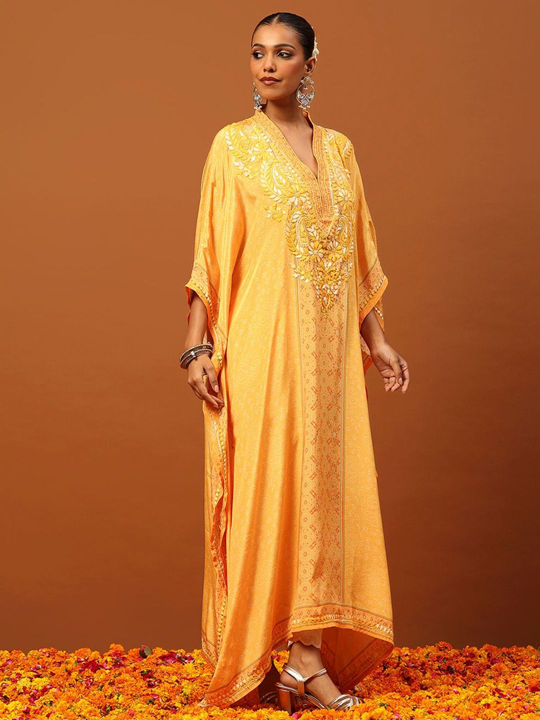 Rumah Chikankari Wanita Krep Kuning Chikankari Sulam Kurta