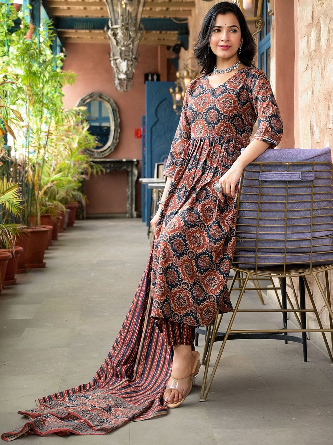 KALINI Ethnic Motifs Printed V-Neck Thread Work A-Line Kurta With Trousers & Dupatta