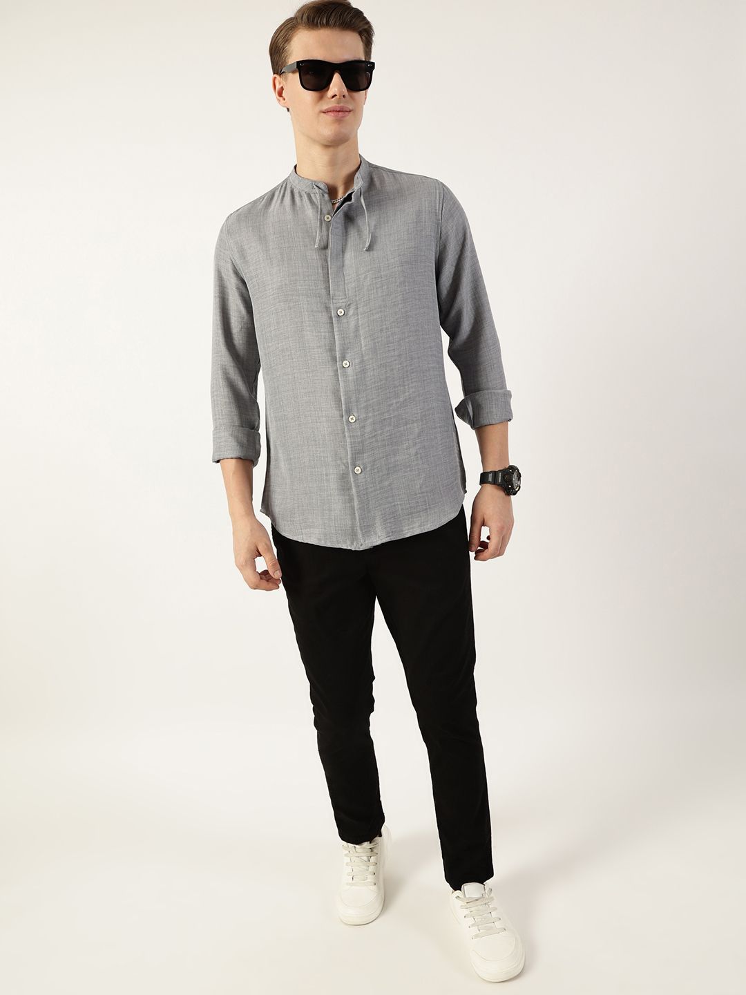 Thomas Scott Men Classic Mandarin Collar Solid Slim Fit Casual Shirt